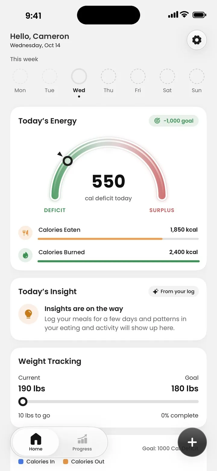 Deficit home screen with the Today's Energy gauge showing a 550 calorie deficit